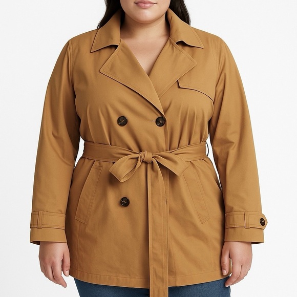 Lane Bryant Tan Trench Coat NWOT 16 Belted Double Breasted Cotton Blend Jacket - Picture 1 of 9